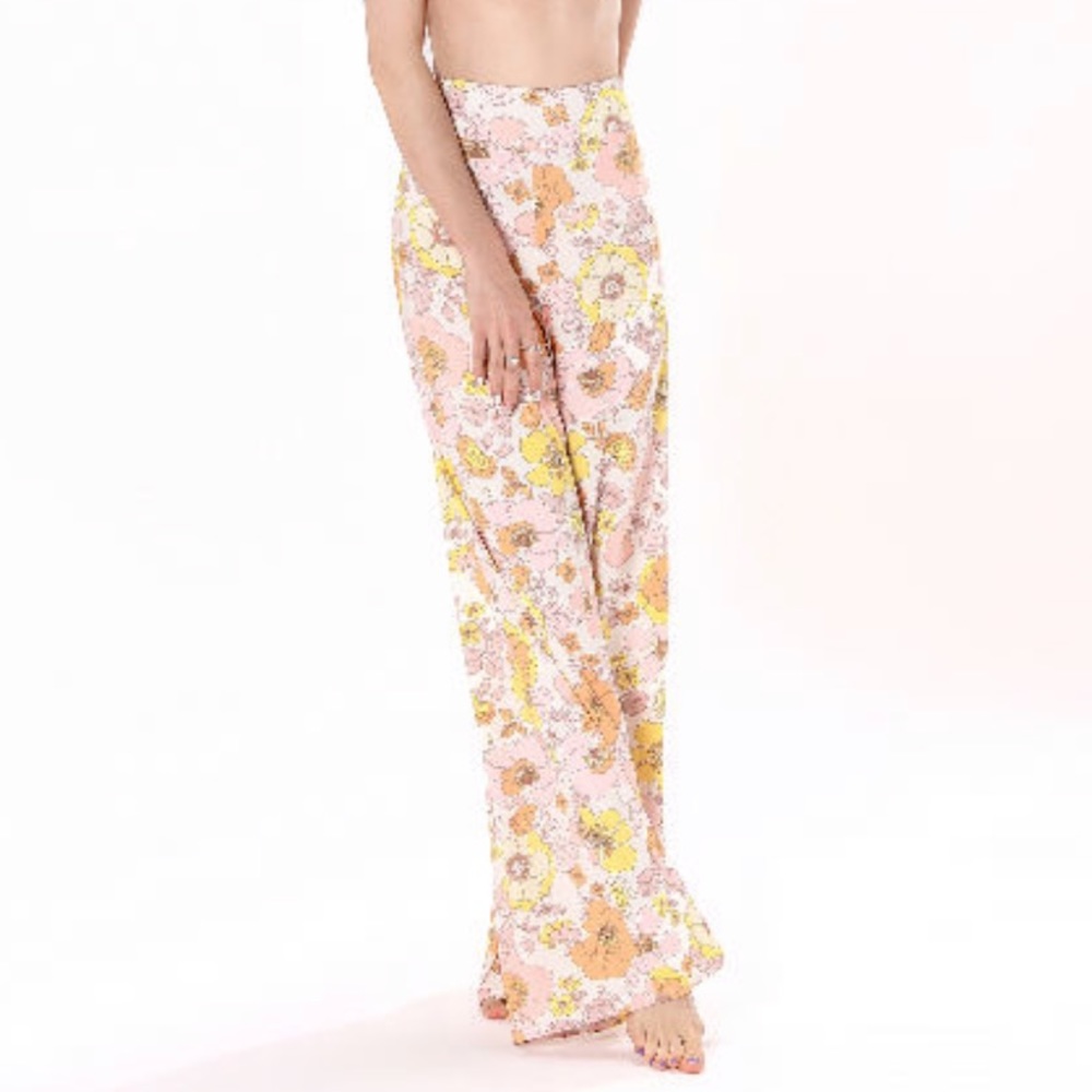 Women's Casual Floral Print Belted Summer Beach High Waist Wide Leg - Picture 3 of 4